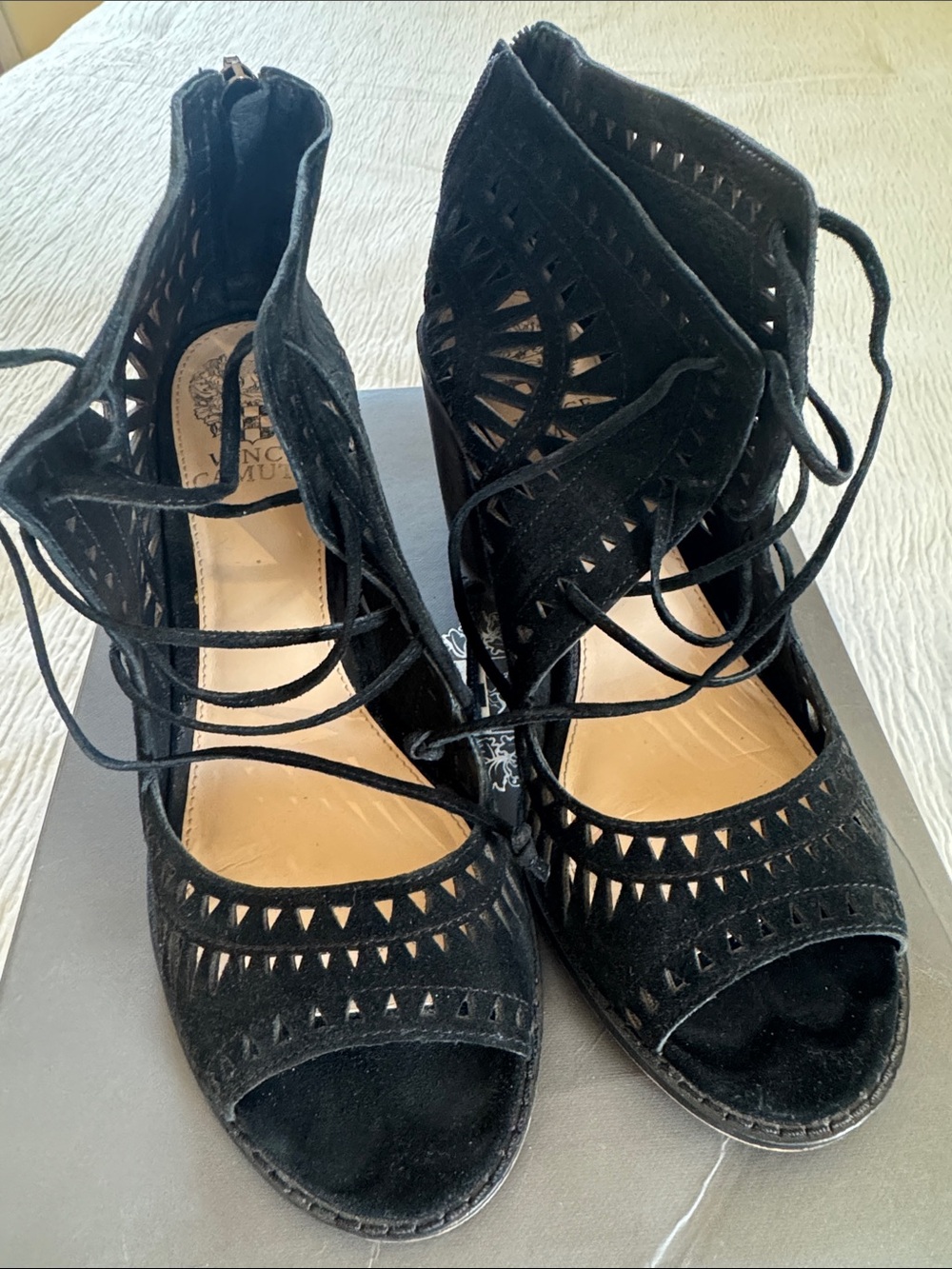 Vince Camuto Black Laser-Cut Lace-Up Peep-Toe Heels